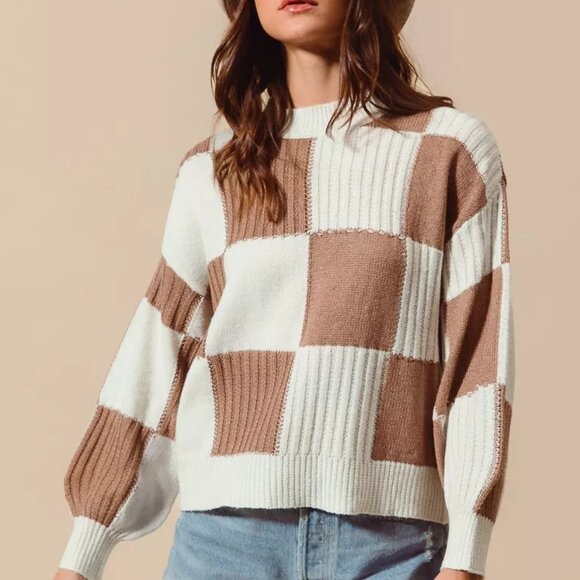 SO ME Ribbed Color Block Checkered Plaid Sweater - Picture 6 of 10